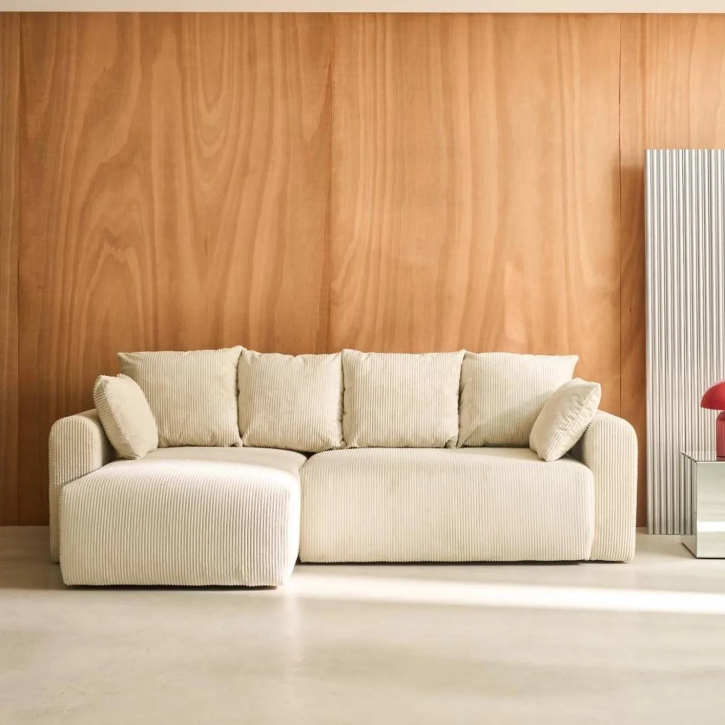 3-Sitzer Ecksofa mit Schlaffunktion und Cordbezug, Recamiere beidseitig montierbar