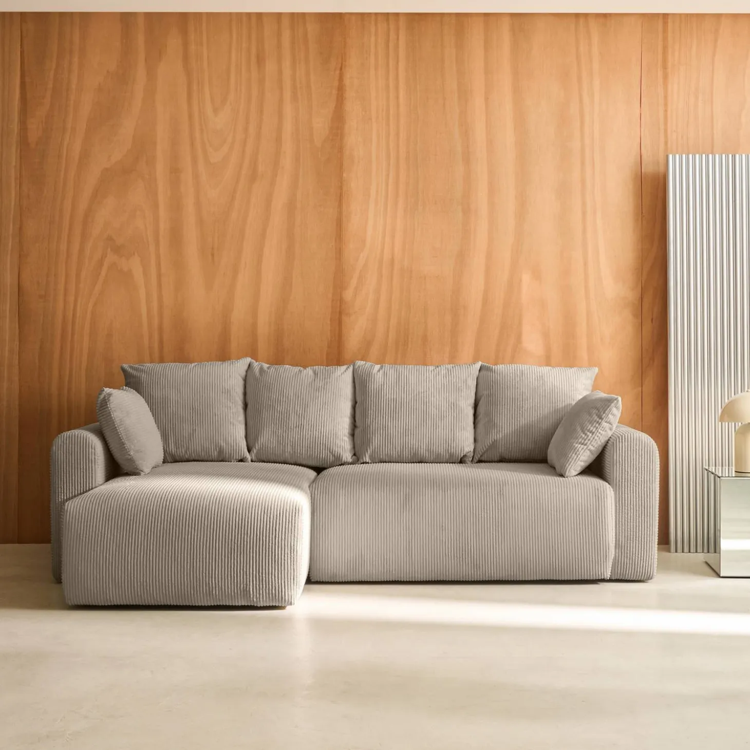 3-Sitzer Ecksofa mit Schlaffunktion und Cordbezug, Recamiere beidseitig montierbar