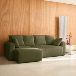 3-Sitzer Ecksofa mit Schlaffunktion und Cordbezug, Recamiere beidseitig montierbar