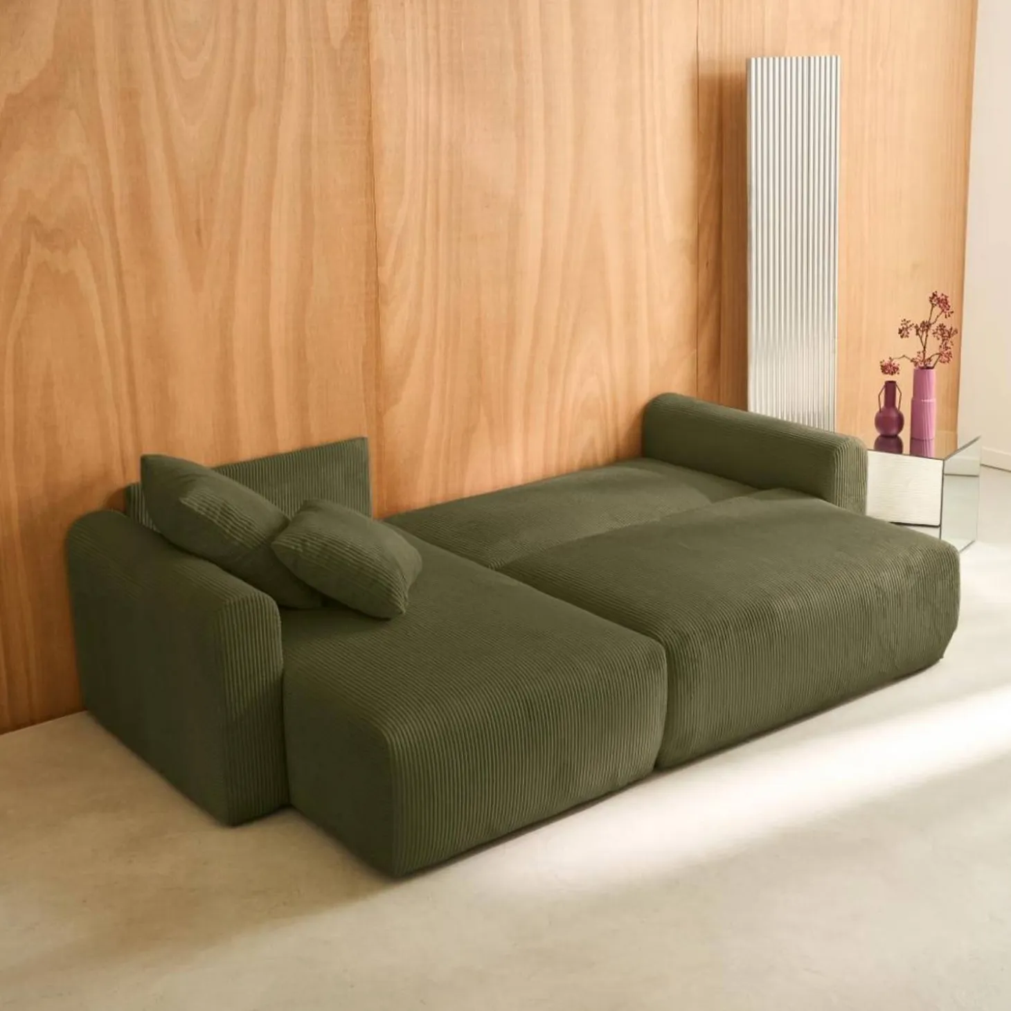 3-Sitzer Ecksofa mit Schlaffunktion und Cordbezug, Recamiere beidseitig montierbar