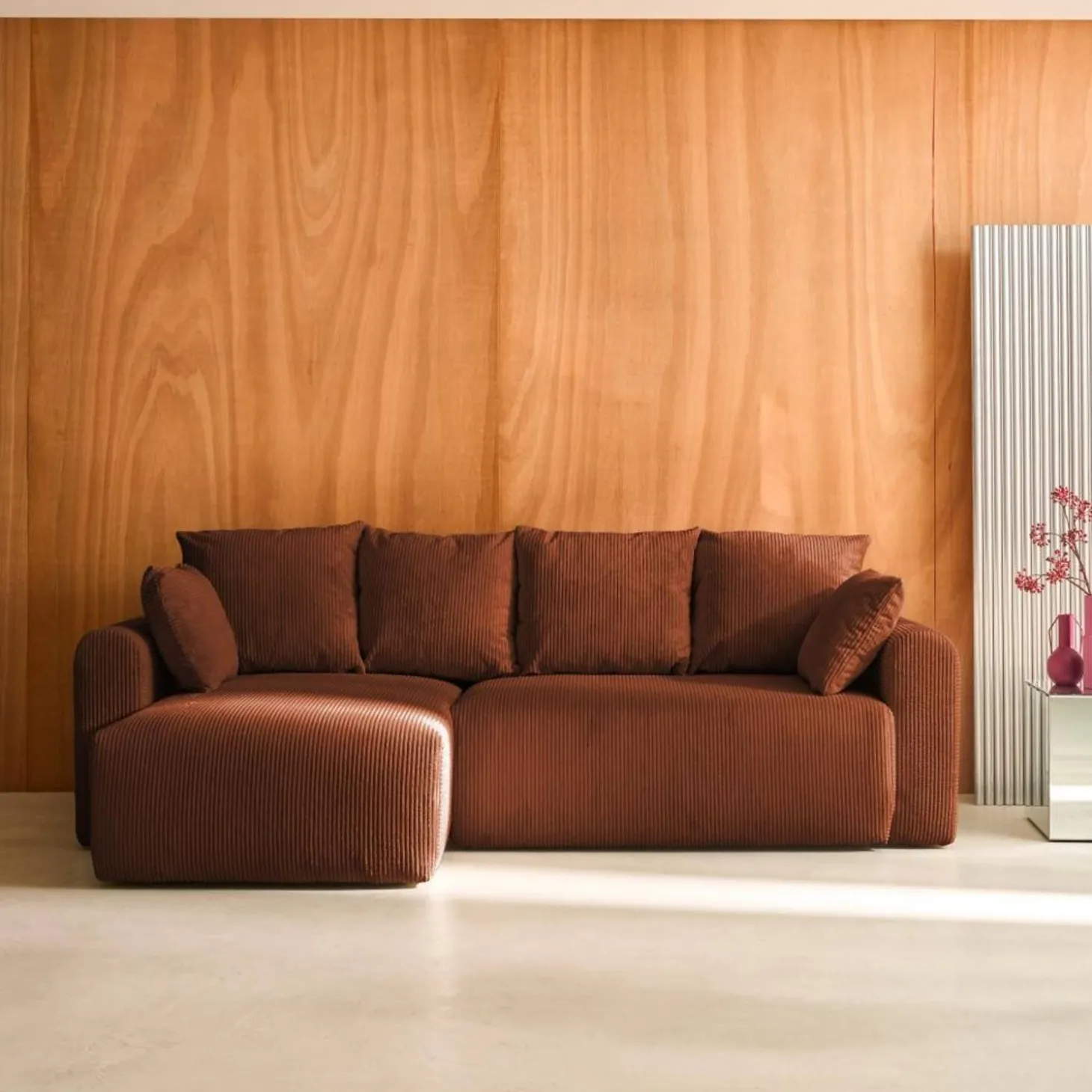 3-Sitzer Ecksofa mit Schlaffunktion und Cordbezug, Recamiere beidseitig montierbar