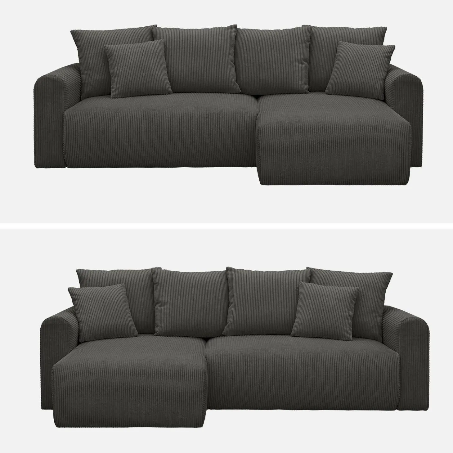 3-Sitzer Ecksofa mit Schlaffunktion und Cordbezug, Recamiere beidseitig montierbar