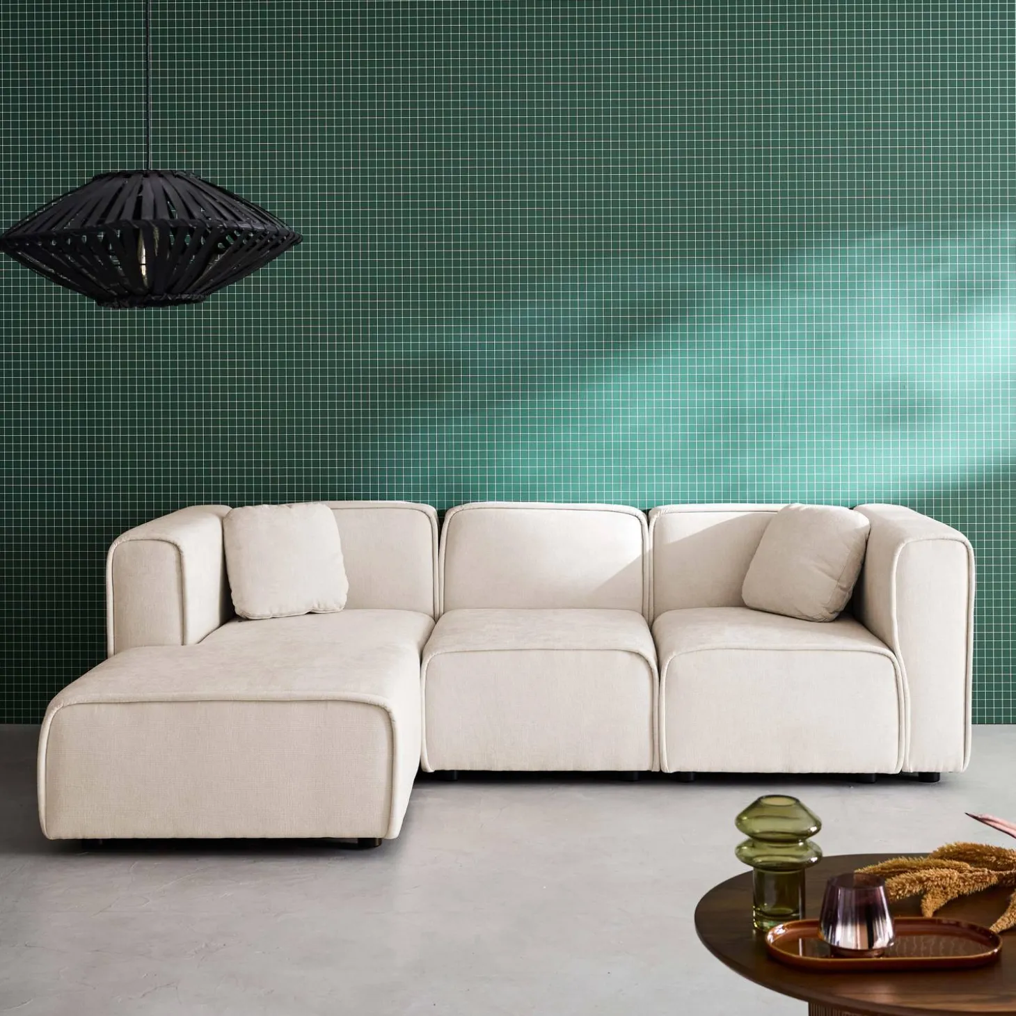 3-Sitzer Ecksofa Recamiere links Stoffbezug 2 quadratische Kissen