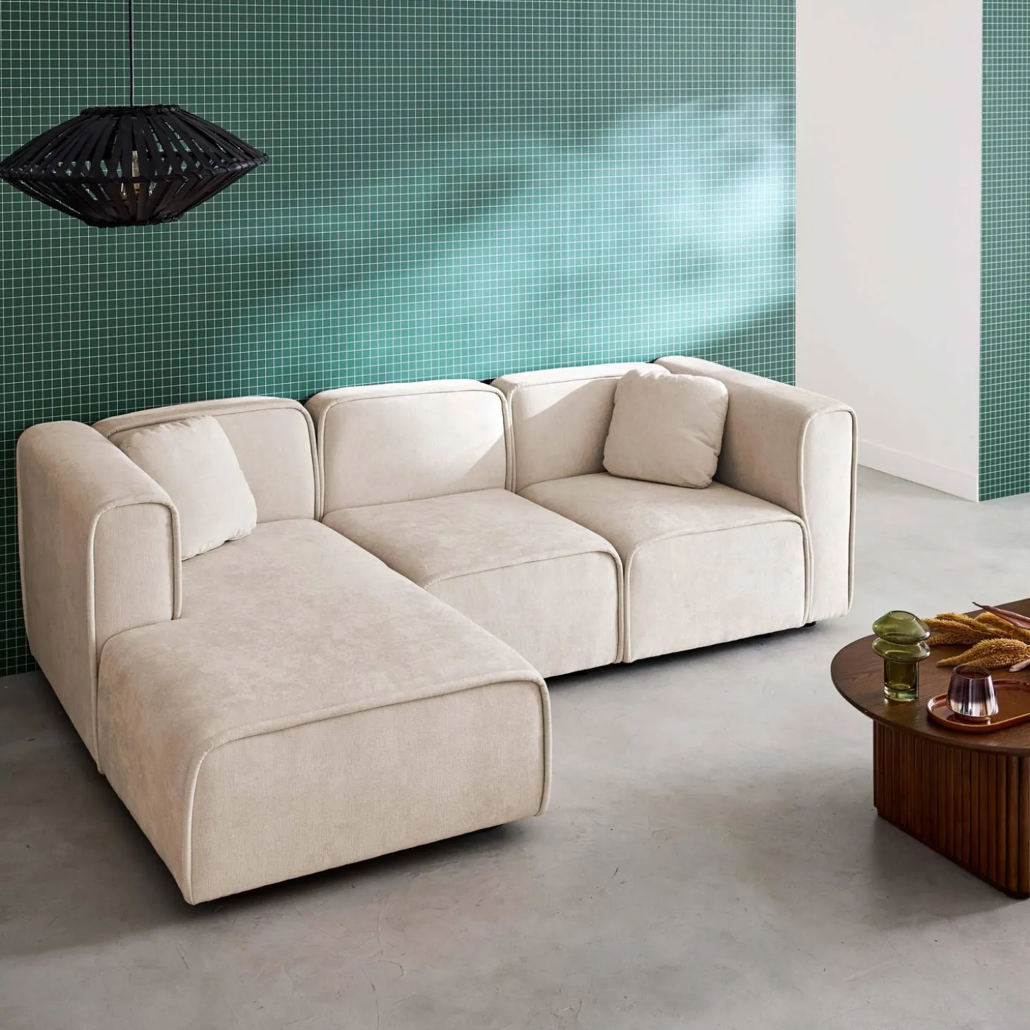 3-Sitzer Ecksofa Recamiere links Stoffbezug 2 quadratische Kissen