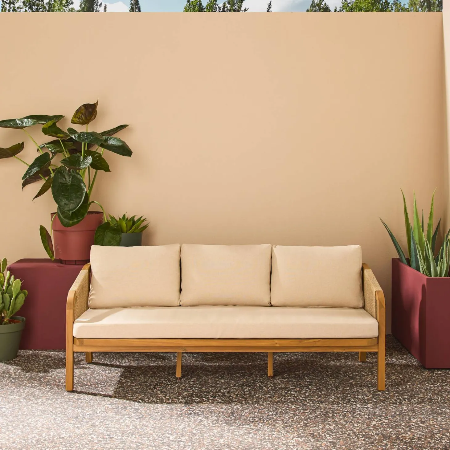 3-Sitzer Outdoor-Sofa aus Akazienholz, Seilbespannung und Stoff