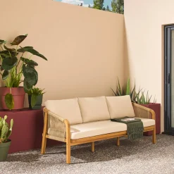 3-Sitzer Outdoor-Sofa aus Akazienholz, Seilbespannung und Stoff