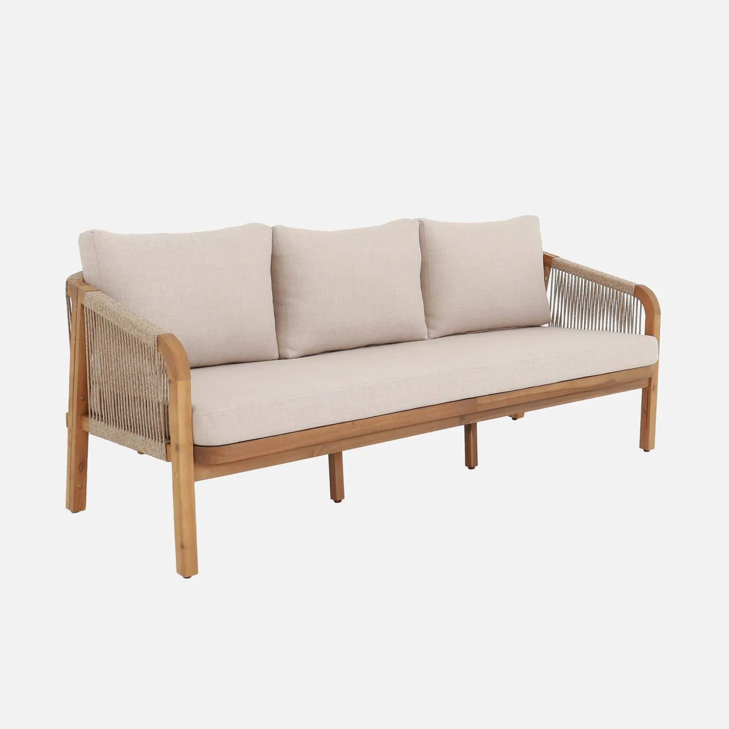 3-Sitzer Outdoor-Sofa aus Akazienholz, Seilbespannung und Stoff