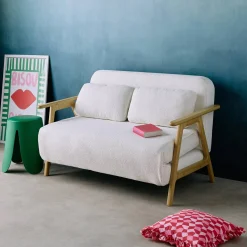 2-Sitzer Schlafsofa aus Heveaholz mit strukturiertem Bouclé-Bezug