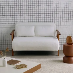 2-Sitzer Schlafsofa aus nussbaumfarbenem Heveaholz mit strukturiertem Bouclé-Bezug