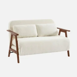 2-Sitzer Schlafsofa aus nussbaumfarbenem Heveaholz mit strukturiertem Bouclé-Bezug