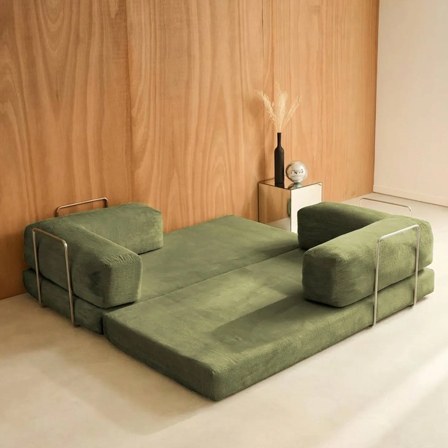 3-Sitzer-Schlafsofa im Vintage-Stil mit Cordbezug und verchromtem Außengestell
