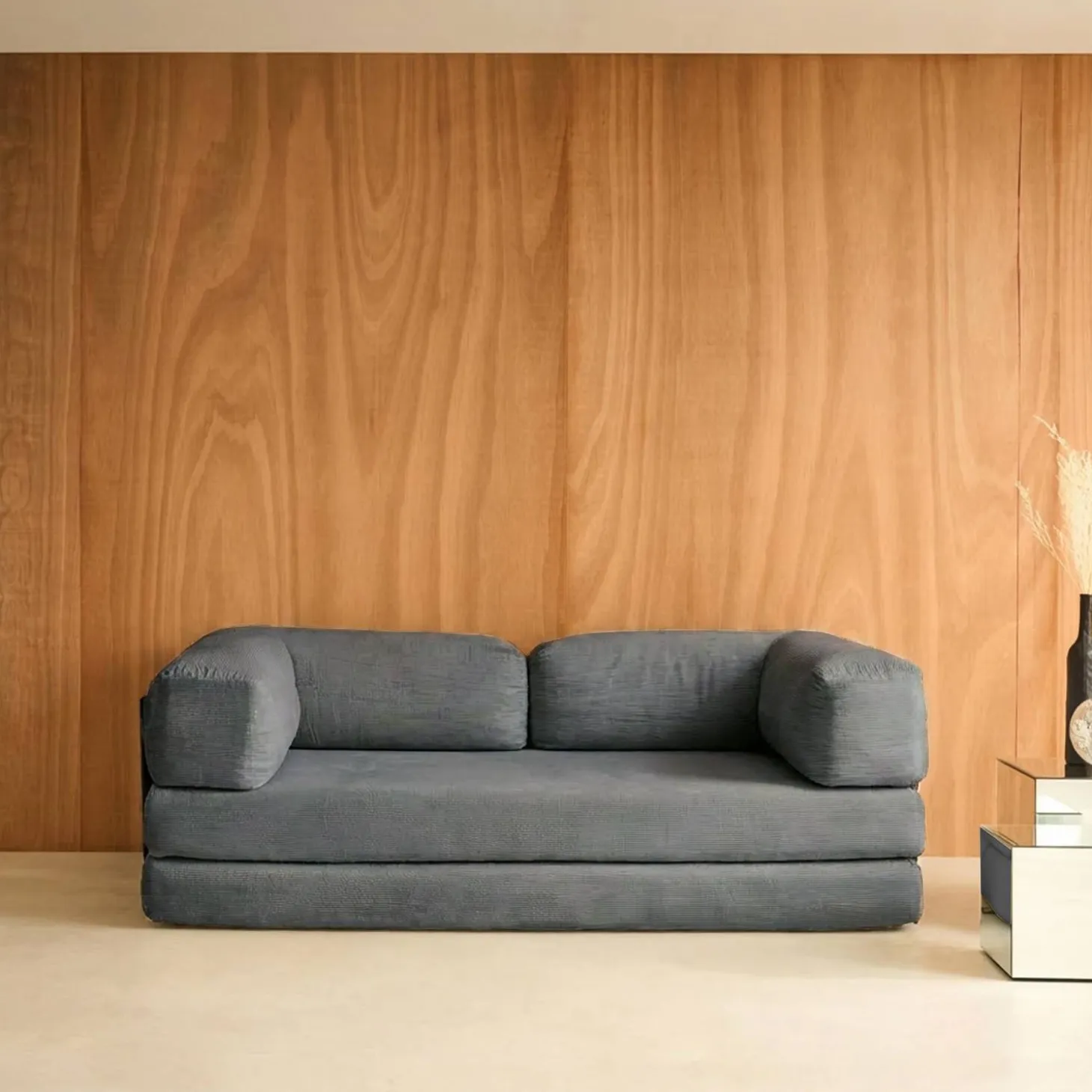 3-Sitzer-Schlafsofa im Vintage-Stil mit Cordbezug und verchromtem Außengestell