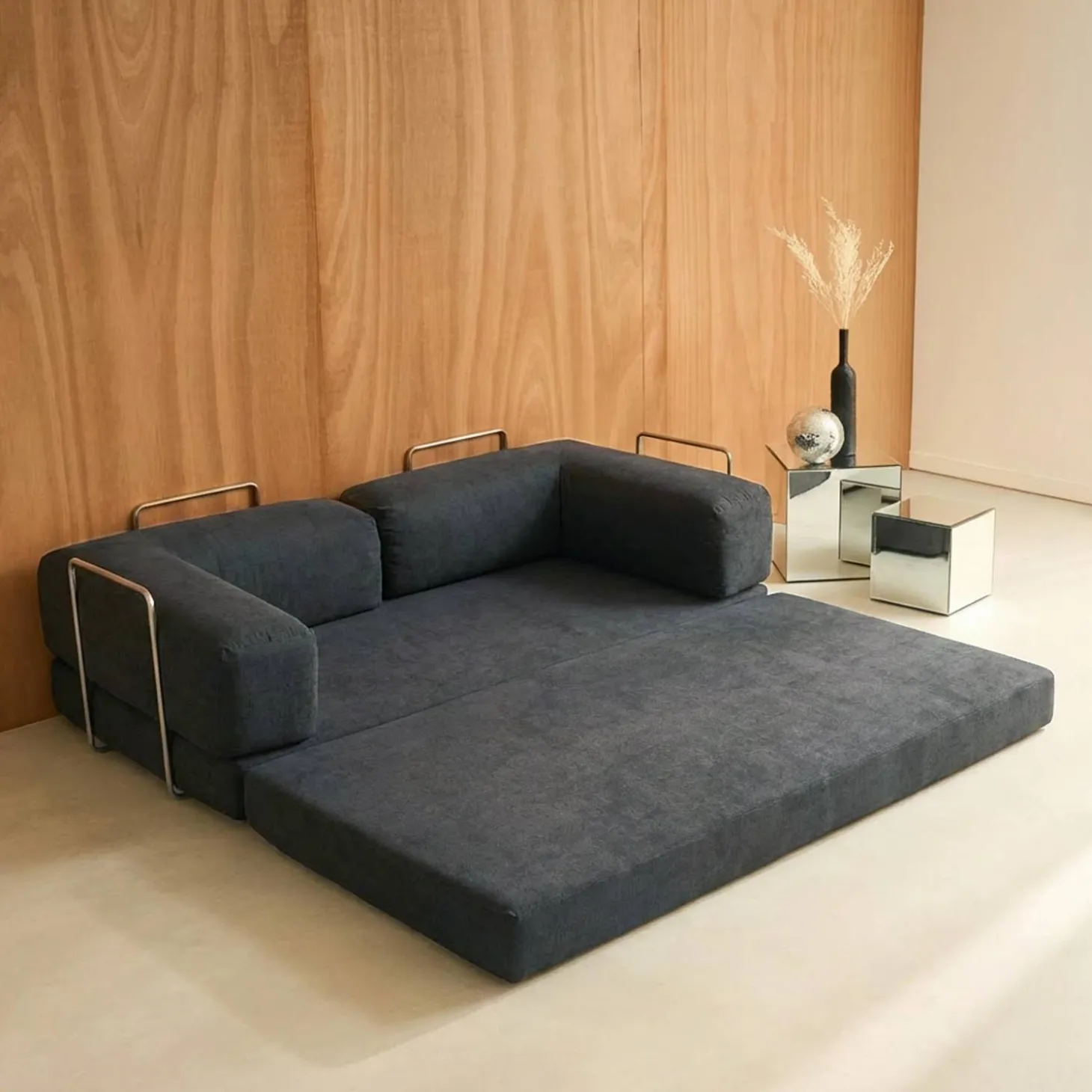 3-Sitzer-Schlafsofa im Vintage-Stil mit Cordbezug und verchromtem Außengestell