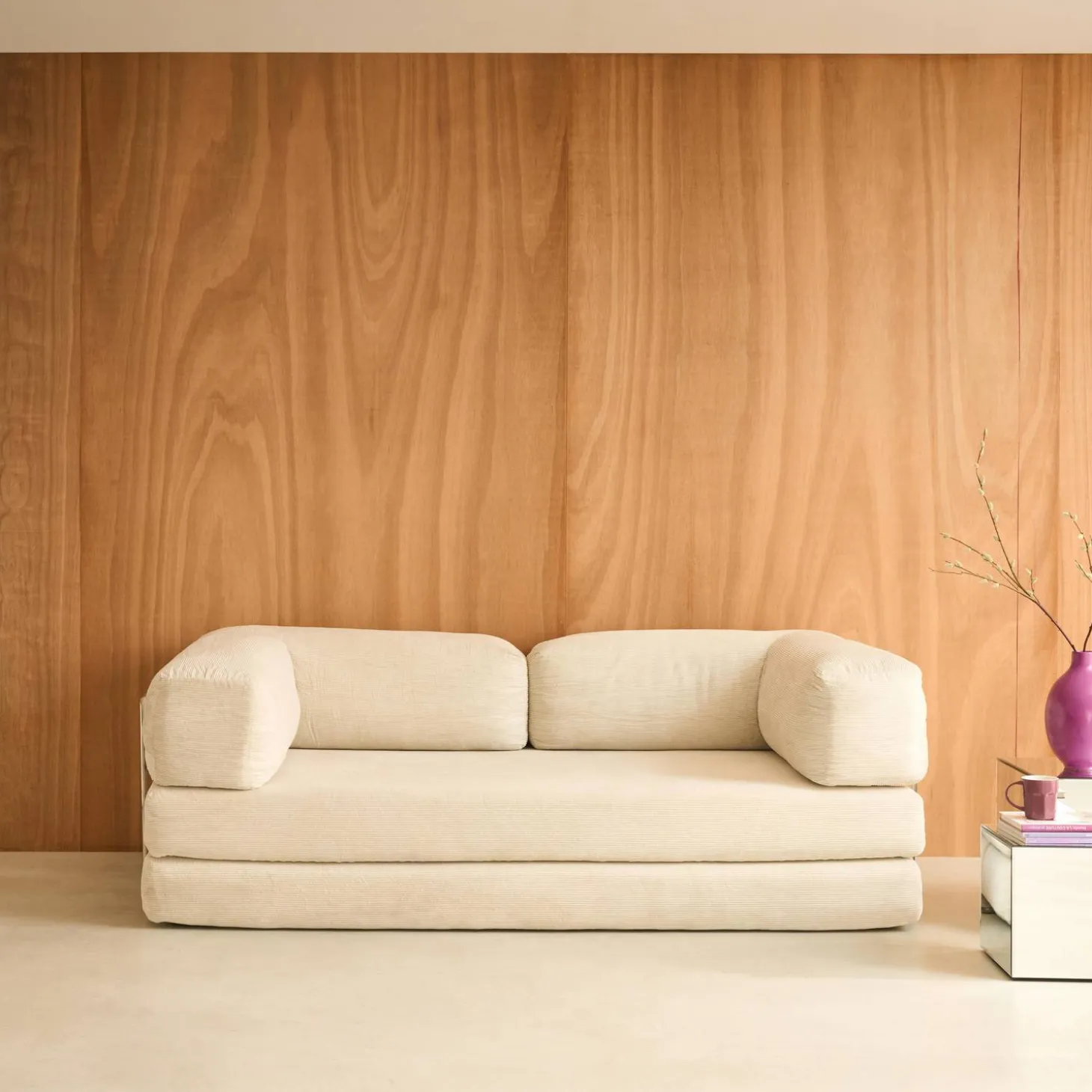 3-Sitzer-Schlafsofa im Vintage-Stil mit Cordbezug und verchromtem Außengestell