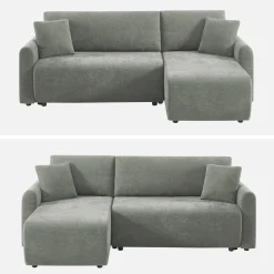 3-Sitzer Schlafsofa mit beidseitig montierbarer Recamiere, Stoffbezug und Stauraum