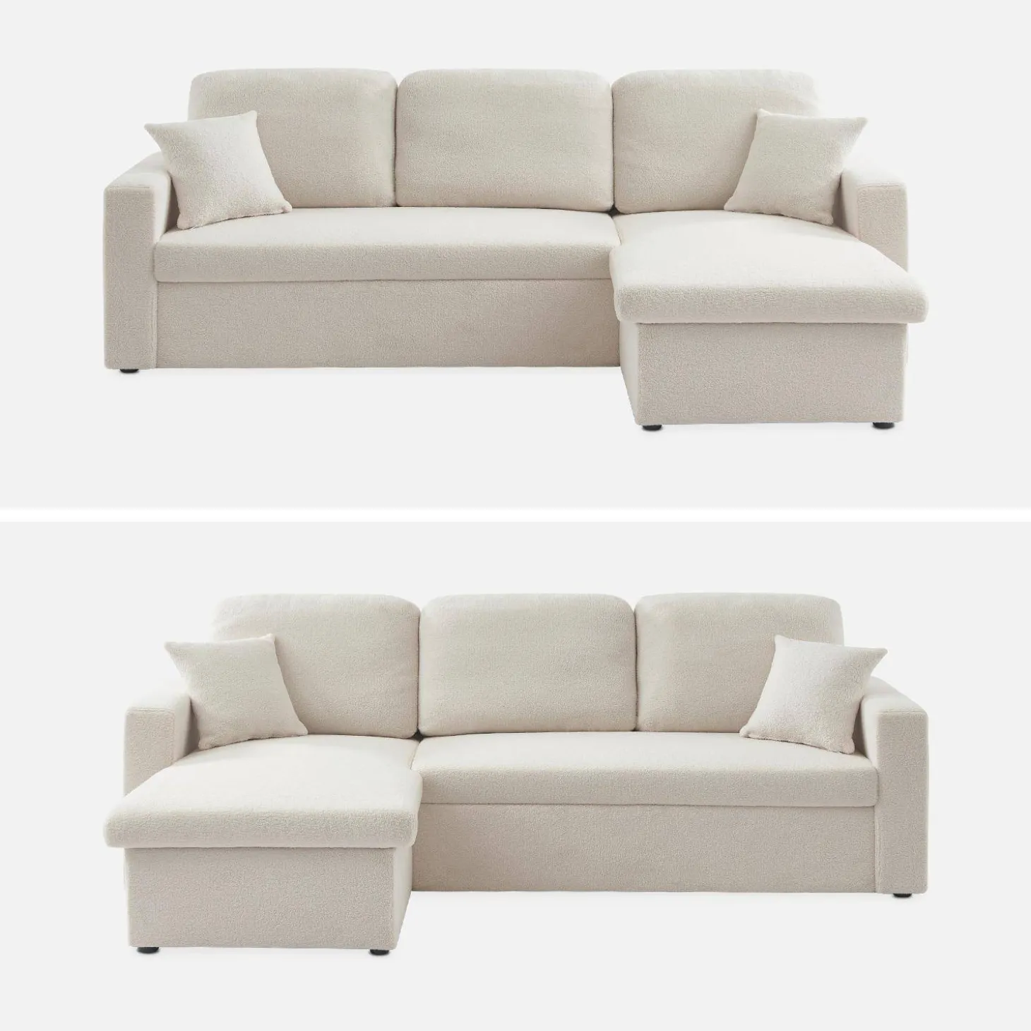 3-Sitzer Schlafsofa mit beidseitig montierbarer Recamiere und Bouclé-Bezug