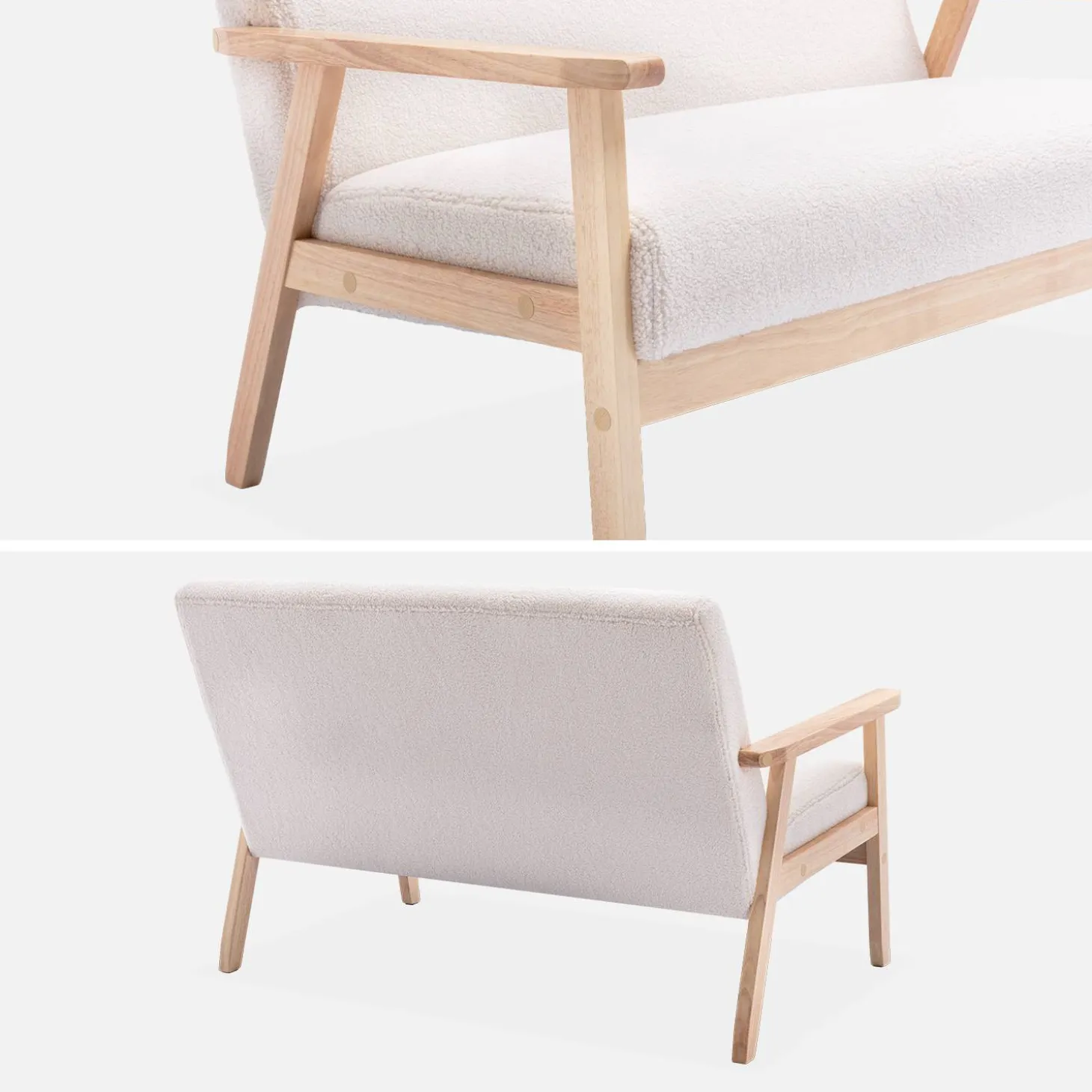 2 Sitzer Sitzbank mit Bouclé-Bezug und Holzfüßen Kunstlammfell