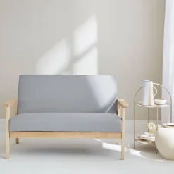 2-Sitzer Sitzbank mit Stoffbezug und Holzbeinen