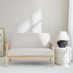 2-Sitzer Sitzbank mit Stoffbezug und Holzbeinen