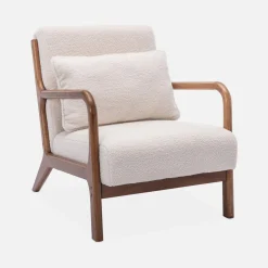 2-Sitzer-Sitzbank + Sessel aus Hevea-Holz mit Bouclé-Bezug, nussbaumfarben