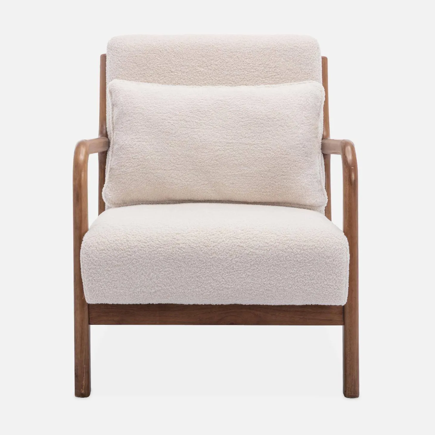 2-Sitzer-Sitzbank + Sessel aus Hevea-Holz mit Bouclé-Bezug, nussbaumfarben