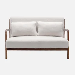 2-Sitzer-Sitzbank + Sessel aus Hevea-Holz mit Bouclé-Bezug, nussbaumfarben