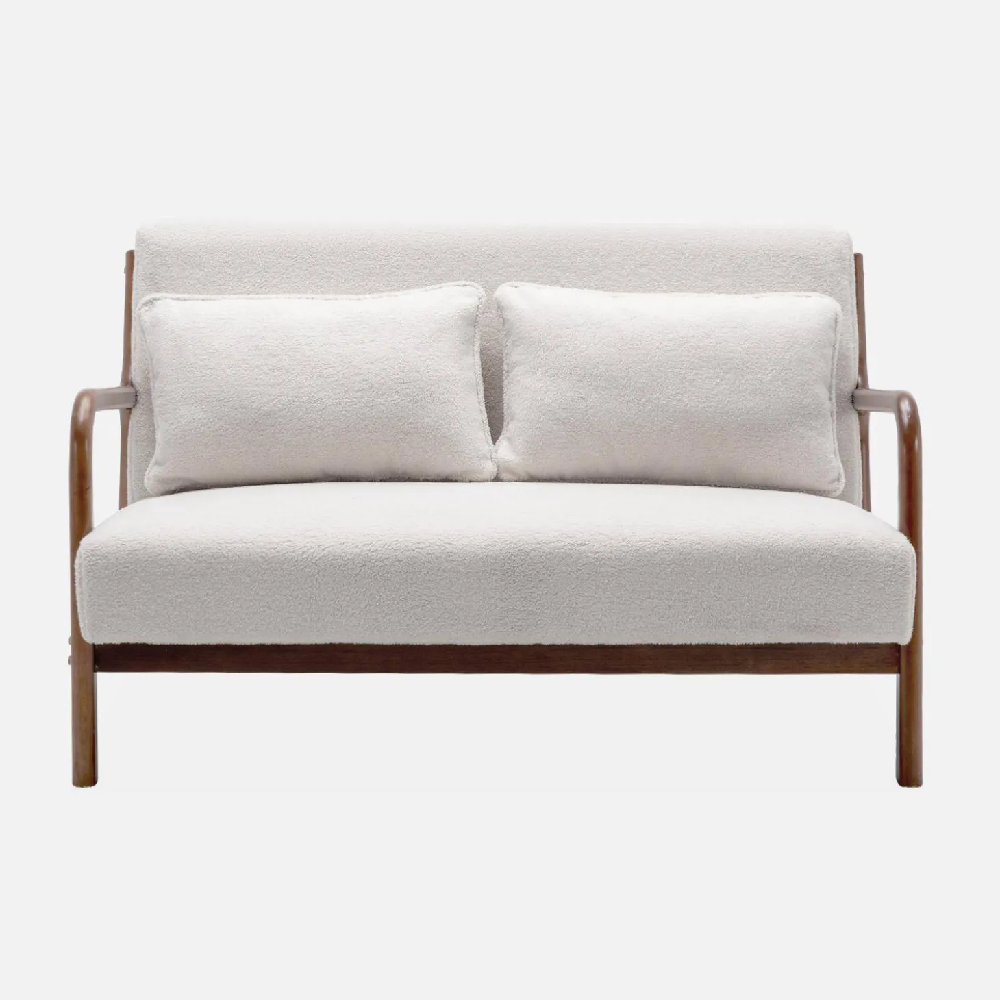 2-Sitzer-Sitzbank + Sessel aus Hevea-Holz mit Bouclé-Bezug, nussbaumfarben
