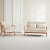 2-Sitzer-Sitzbank + Sessel aus Holz mit Bouclé-Bezug