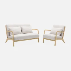 2-Sitzer-Sitzbank + Sessel aus Holz mit Bouclé-Bezug