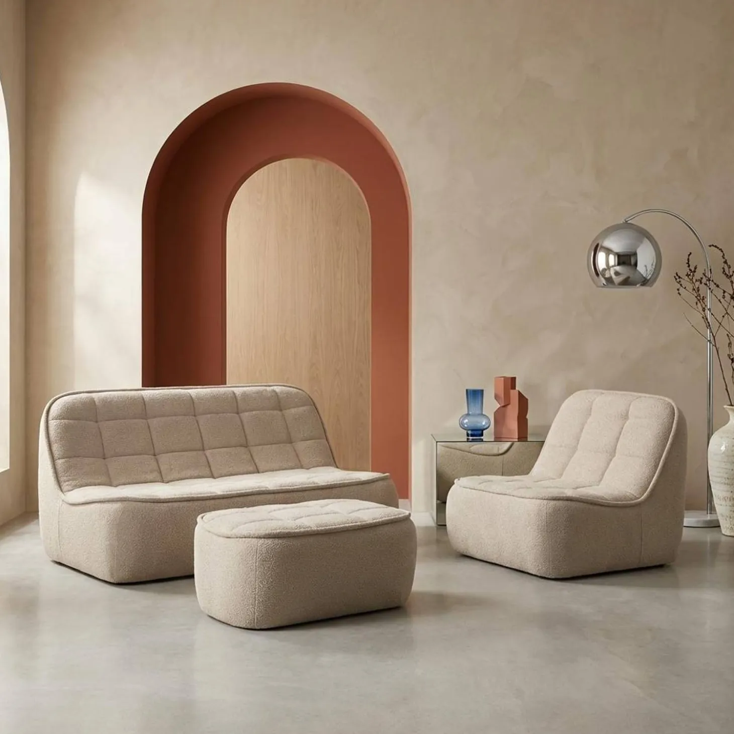 3-Sitzer Sitzgruppe mit Sofa, Sessel und Hocker, strukturierter Bouclé-Bezug