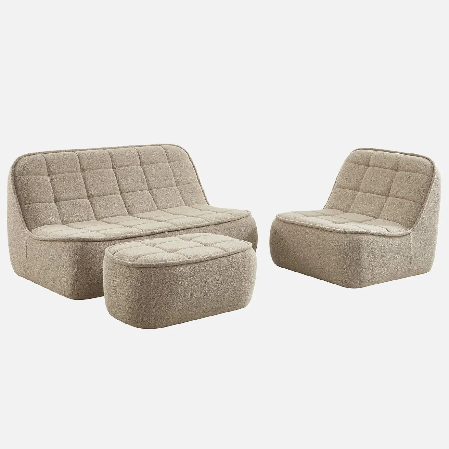 3-Sitzer Sitzgruppe mit Sofa, Sessel und Hocker, strukturierter Bouclé-Bezug