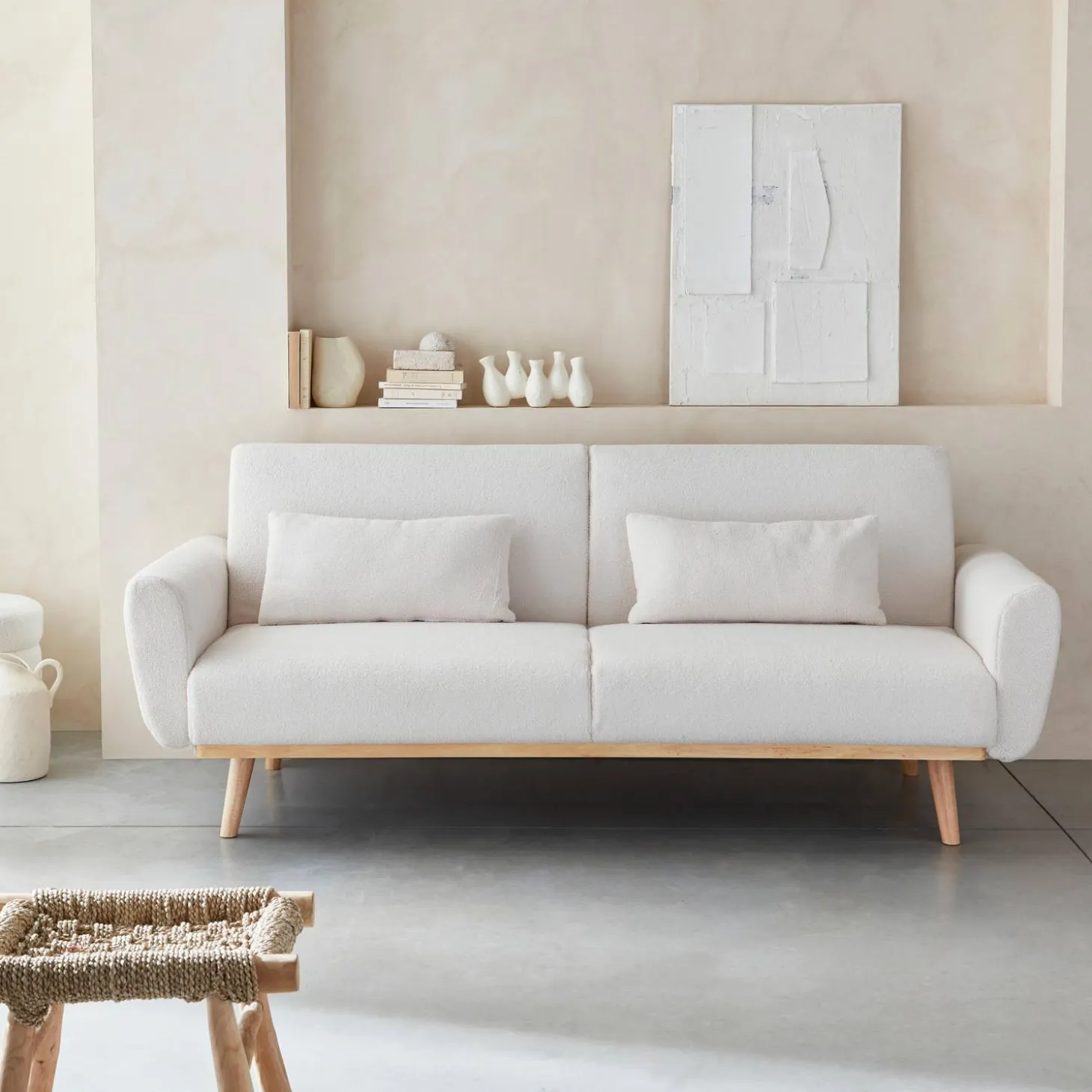 2-3-Sitzer Sofa mit Bouclé-Bezug Schlaffunktion und Holzbeinen