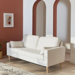 3-Sitzer-Sofa mit Bouclé Teddystoff und Holzbeinen