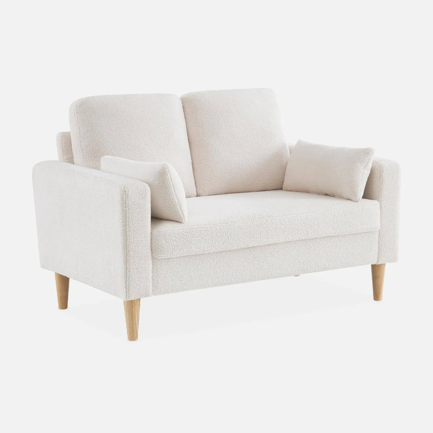 2-Sitzer-Sofa mit Bouclé Teddystoff und Holzbeinen