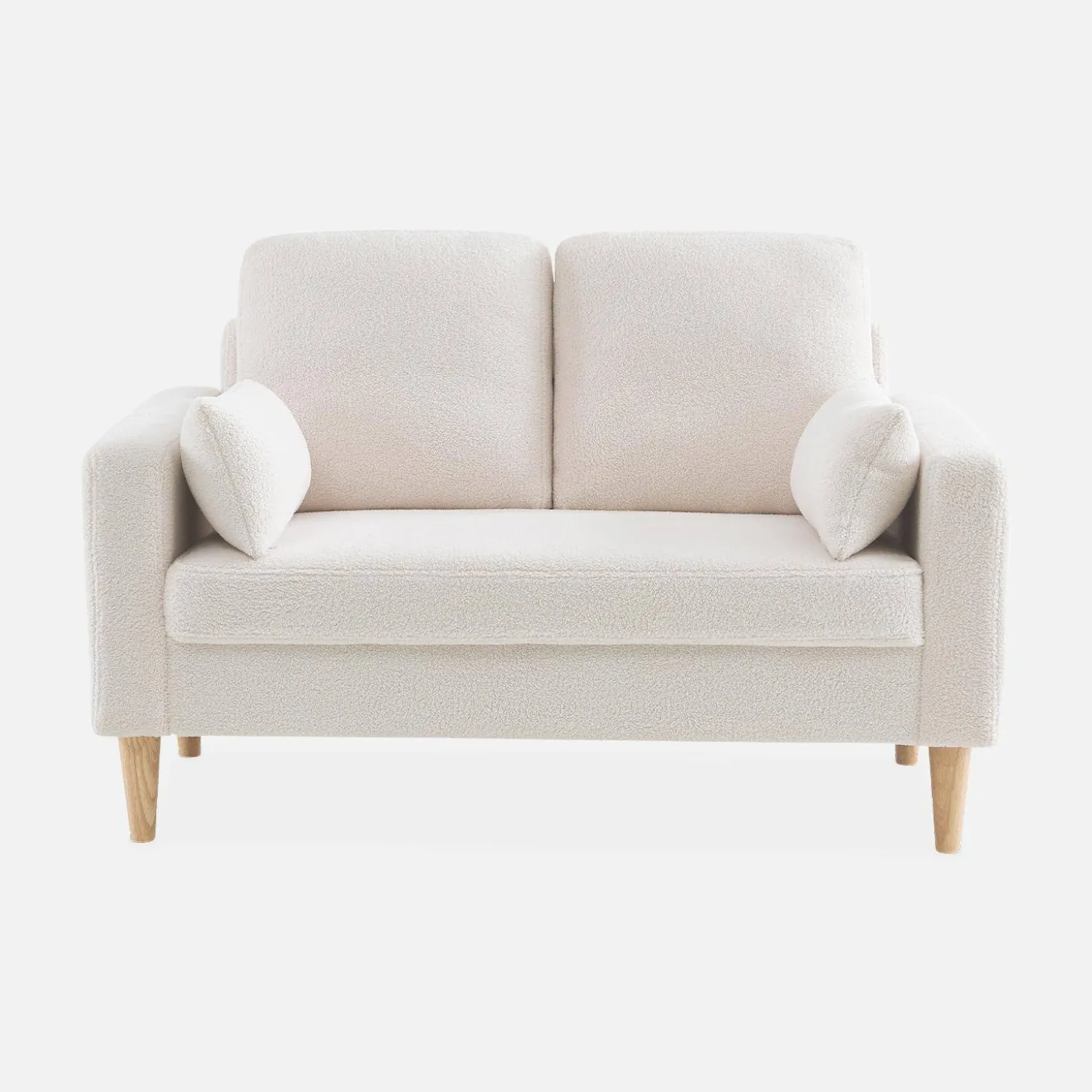 2-Sitzer-Sofa mit Bouclé Teddystoff und Holzbeinen