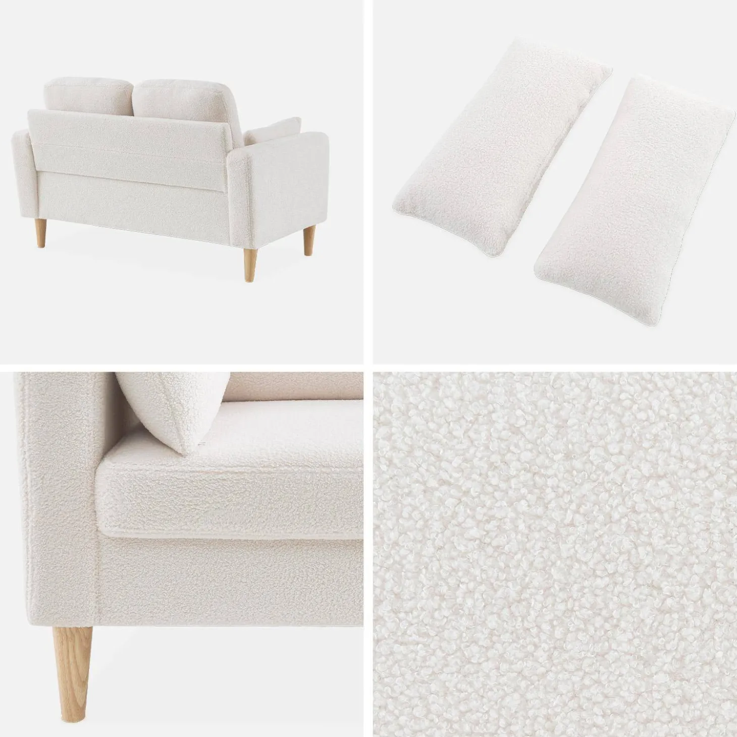 2-Sitzer-Sofa mit Bouclé Teddystoff und Holzbeinen