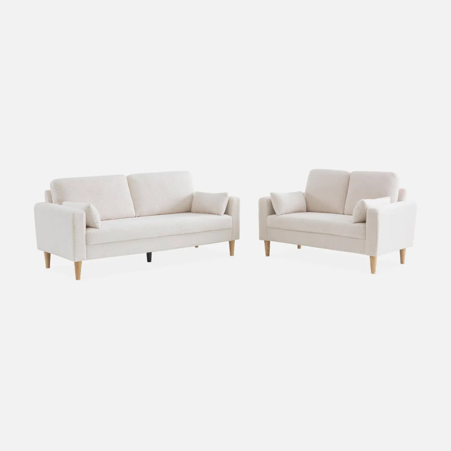 2-Sitzer-Sofa mit Bouclé Teddystoff und Holzbeinen
