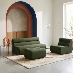 2-Sitzer-Sofa mit Sessel und Hocker, strukturierter Bouclé-Bezug