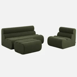 2-Sitzer-Sofa mit Sessel und Hocker, strukturierter Bouclé-Bezug