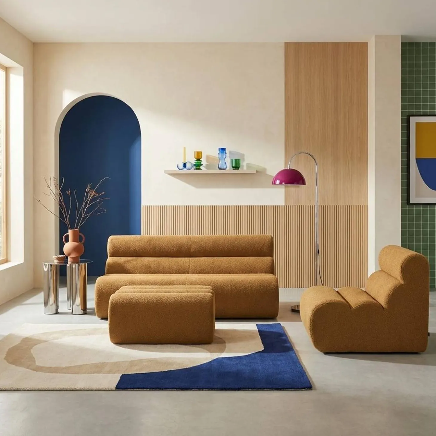 2-Sitzer-Sofa mit Sessel und Hocker, strukturierter Bouclé-Bezug