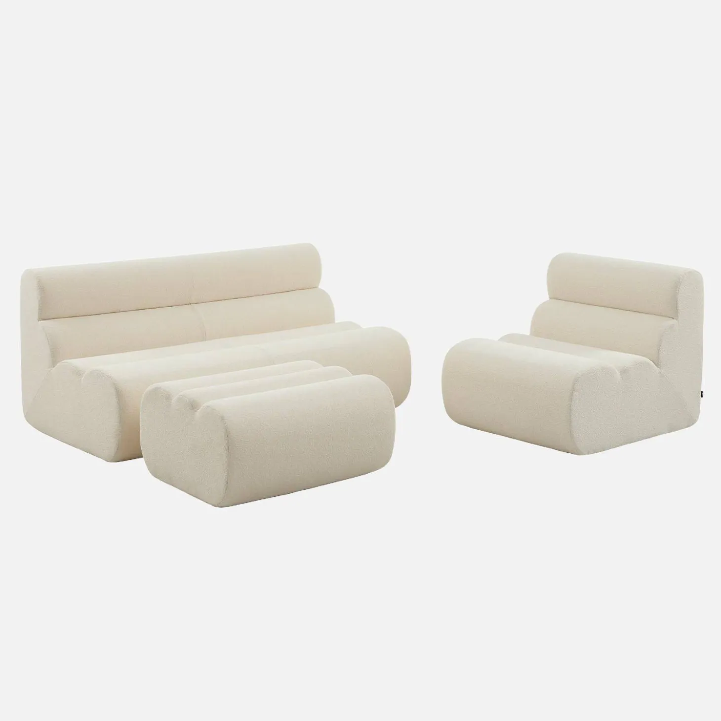 2-Sitzer-Sofa mit Sessel und Hocker, strukturierter Bouclé-Bezug