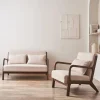 2-Sitzer Sofa + Sessel aus nussbaumfarbenem Hevea-Holz mit Bezug in beige