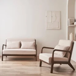 2-Sitzer Sofa + Sessel aus nussbaumfarbenem Hevea-Holz mit Bezug in beige