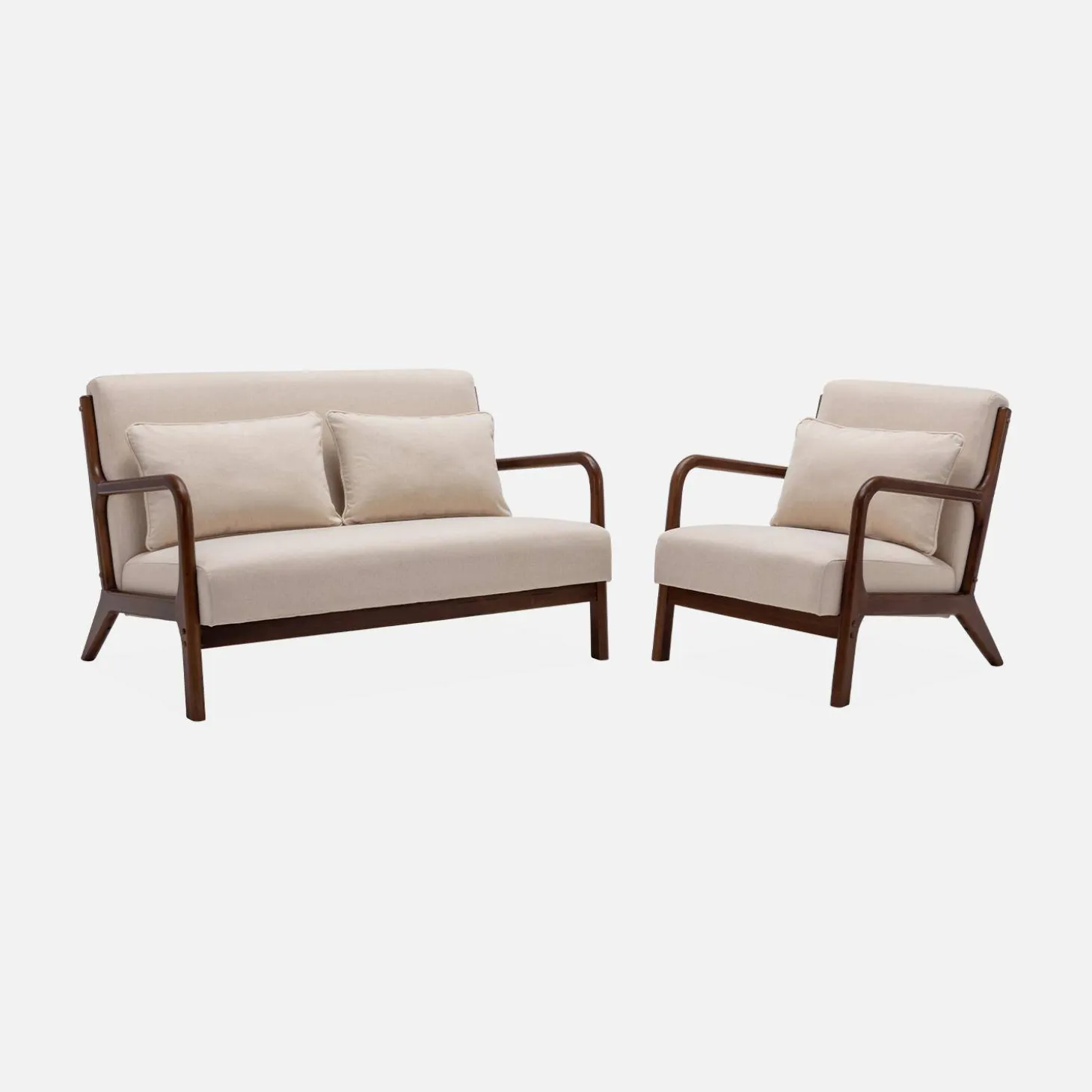 2-Sitzer Sofa + Sessel aus nussbaumfarbenem Hevea-Holz mit Bezug in beige