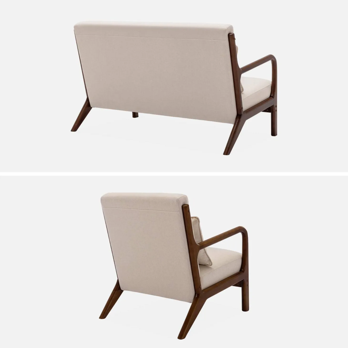 2-Sitzer Sofa + Sessel aus nussbaumfarbenem Hevea-Holz mit Bezug in beige