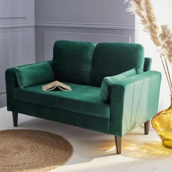 2-Sitzer-Vintage-Sofa mit Samt und Füßen aus Hevea-Holz