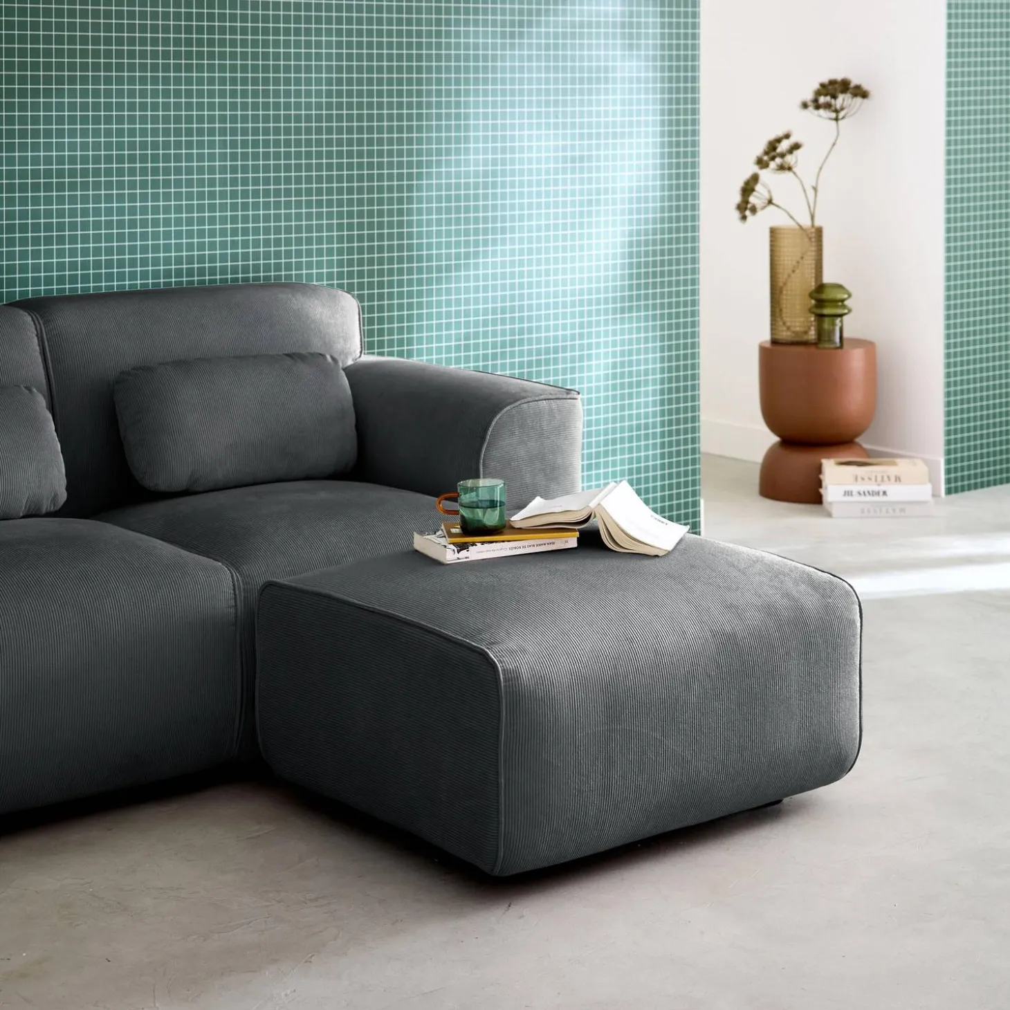Sitzhocker, Fußhocker mit Cordbezug für 2-Sitzer-Sofa Wallas