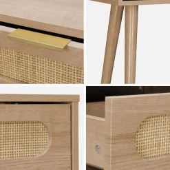 Skandinavische Konsole mit Holzdekor und abgerundetem Rattan-Geflecht