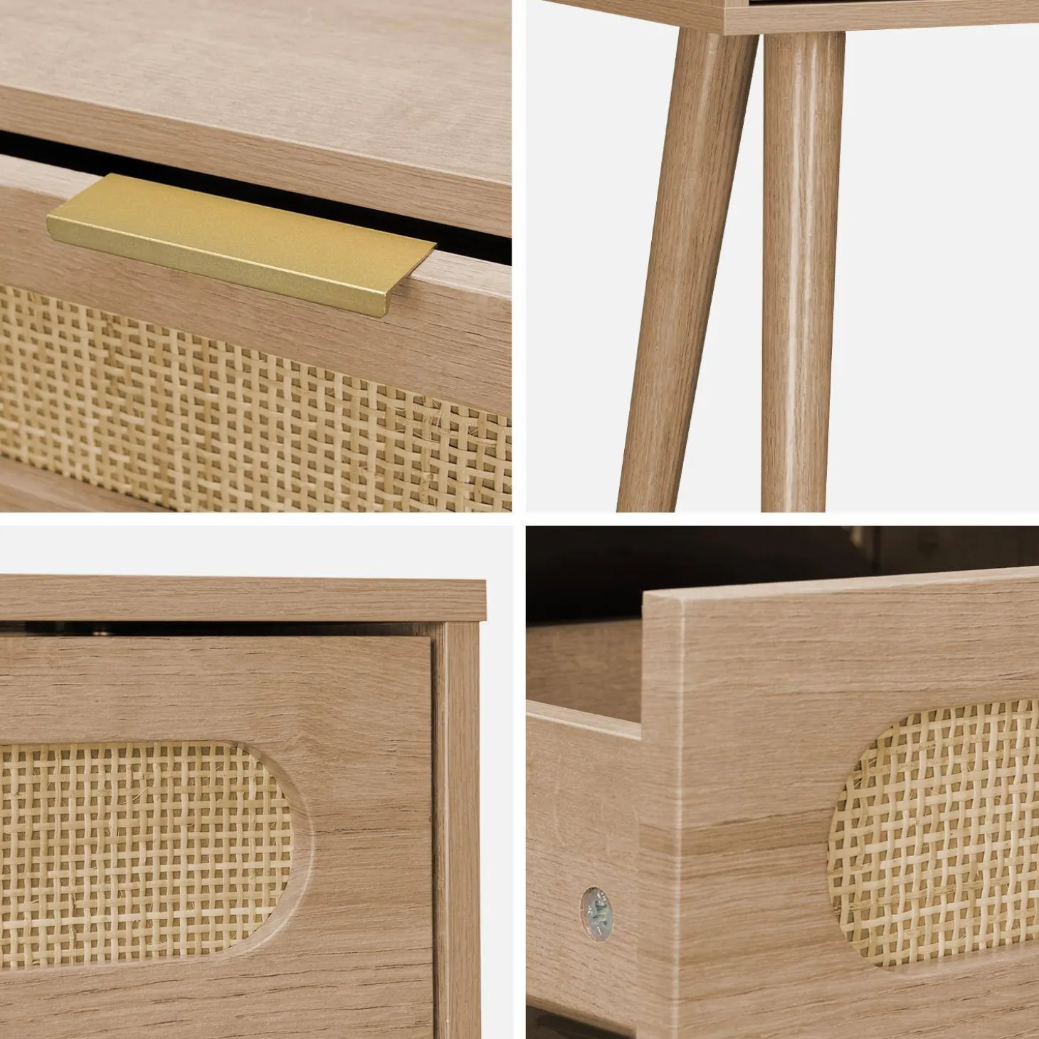 Skandinavische Konsole mit Holzdekor und abgerundetem Rattan-Geflecht