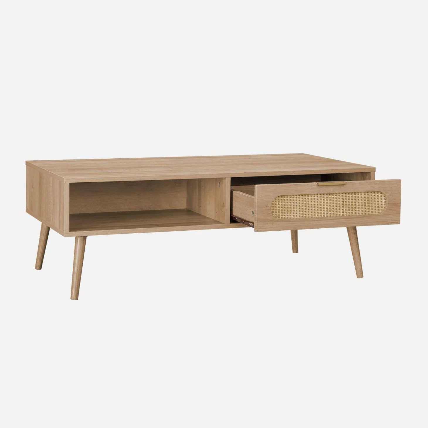 Skandinavischer Couchtisch mit abgerundetem Rattan-Geflecht, 1 Schublade